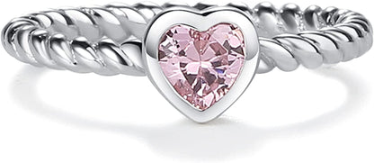 Sterling Silver Twisted Rope Band Baby Ring with Heart, Stackable or Pinky Ring Pink CZ Heart / 4