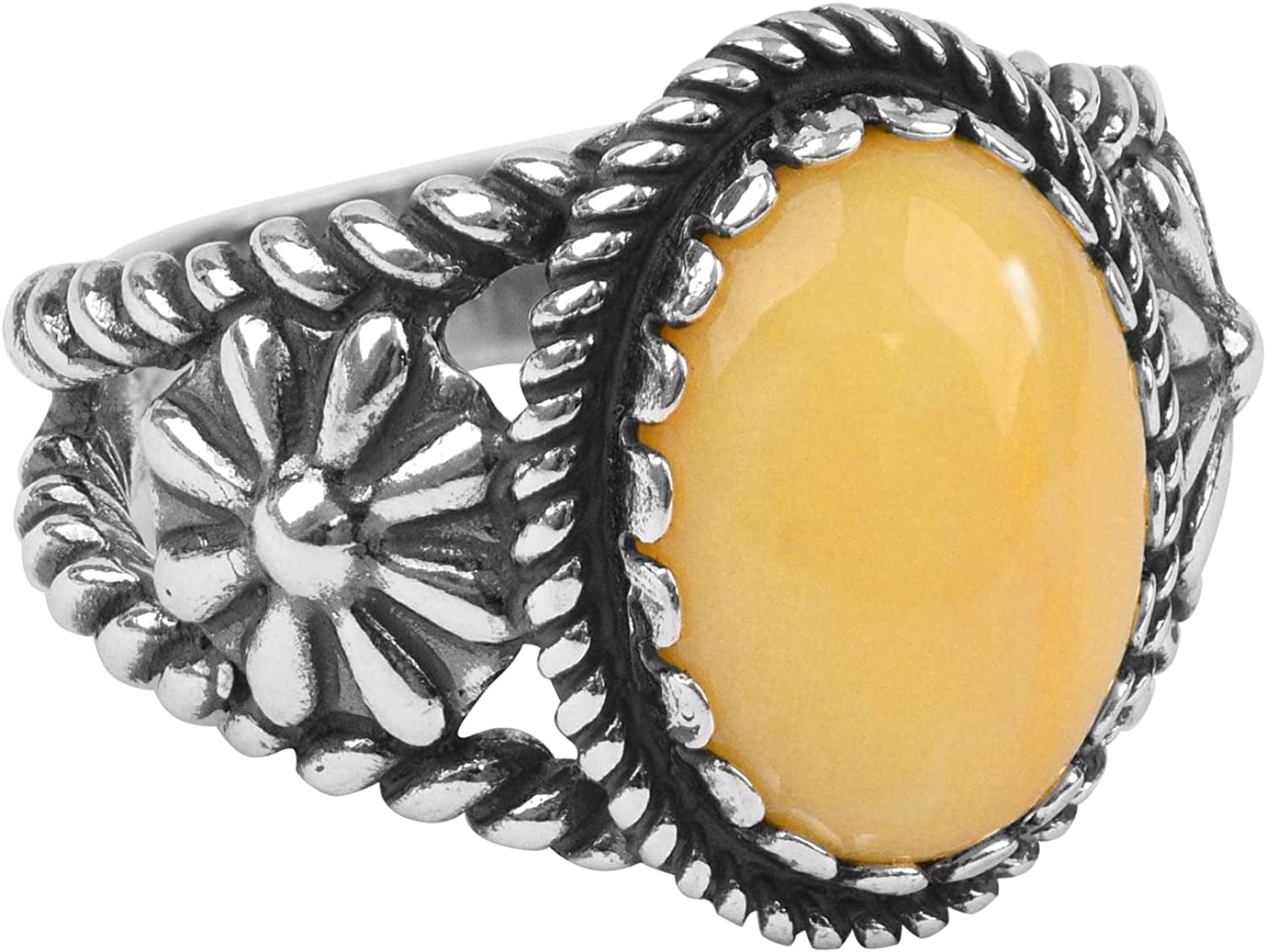 Sterling Silver Women'S Ring Choice of Gemstone Color Native-Inspired Flower Design Sizes 5 to 10 Yellow Jasper / 10