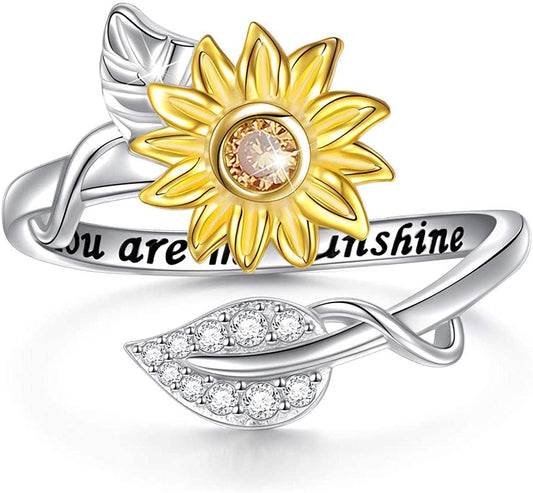 Sterling Silver You Are My Sunshine Sunflower CZ Heart Ring Adjustable Size 5-9 5