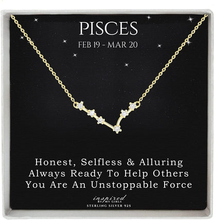 Sterling Silver Zodiac Constellation Necklace Ready to Give Gift in Keepsake Box - Choose Star Sign Pisces / Gold Plated