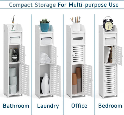 Storagebud Bathroom Storage Organizer - Floor Standing with Shelves - Includes 2 Apothecary Jars - Tall Bathroom Storage Cabinet for Toilet Paper, Towel & Other Bathroom Storage Accessories - White