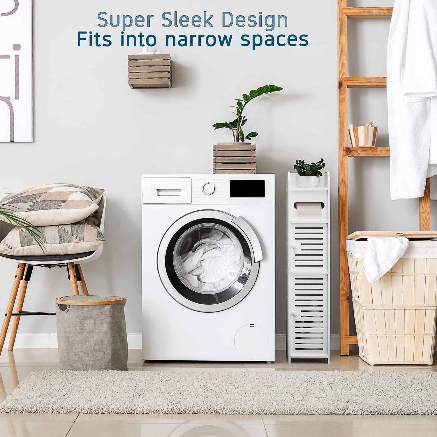 Storagebud Bathroom Storage Organizer - Floor Standing with Shelves - Includes 2 Apothecary Jars - Tall Bathroom Storage Cabinet for Toilet Paper, Towel & Other Bathroom Storage Accessories - White
