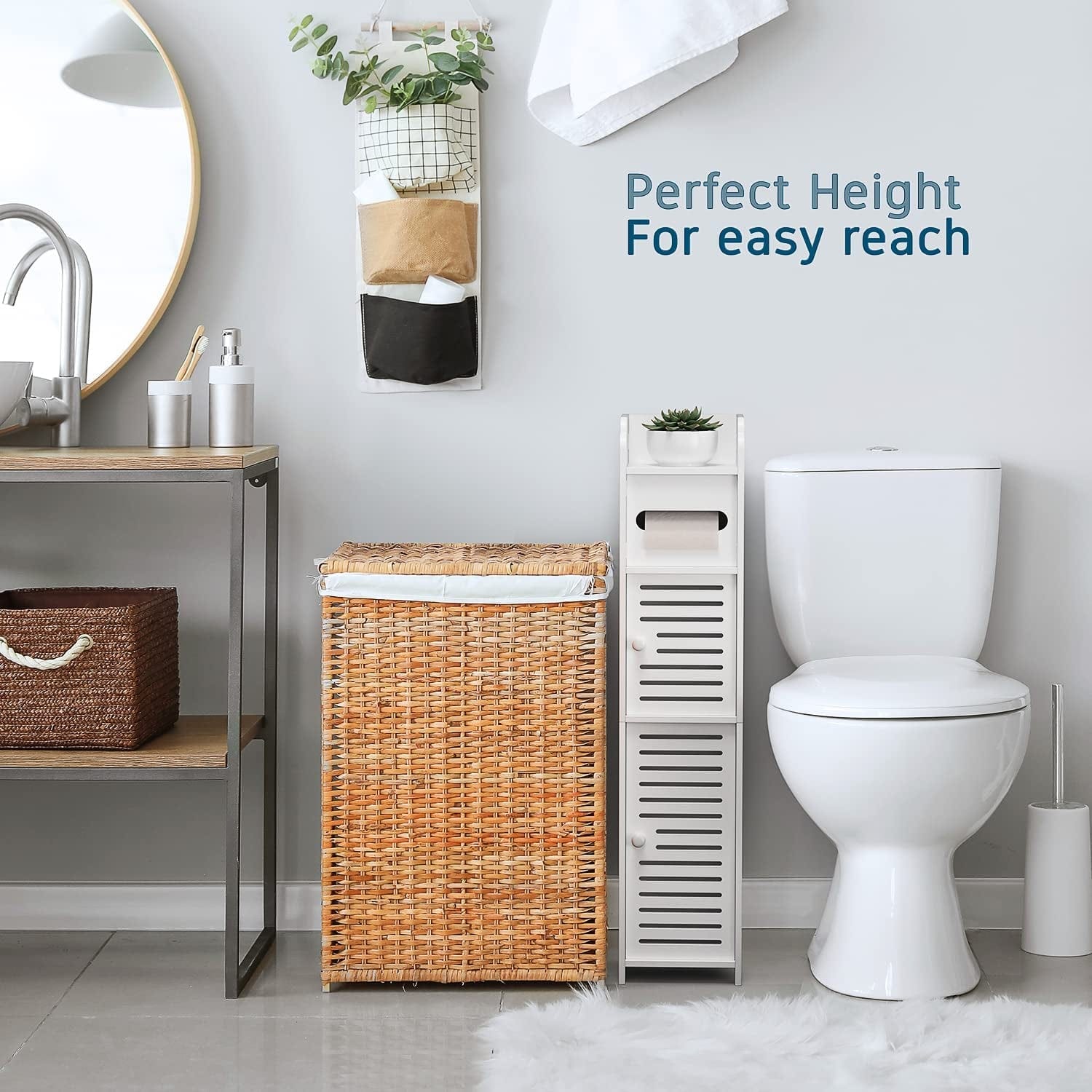 Storagebud Bathroom Storage Organizer - Floor Standing with Shelves - Includes 2 Apothecary Jars - Tall Bathroom Storage Cabinet for Toilet Paper, Towel & Other Bathroom Storage Accessories - White