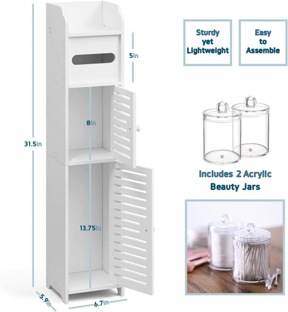 Storagebud Bathroom Storage Organizer - Floor Standing with Shelves - Includes 2 Apothecary Jars - Tall Bathroom Storage Cabinet for Toilet Paper, Towel & Other Bathroom Storage Accessories - White
