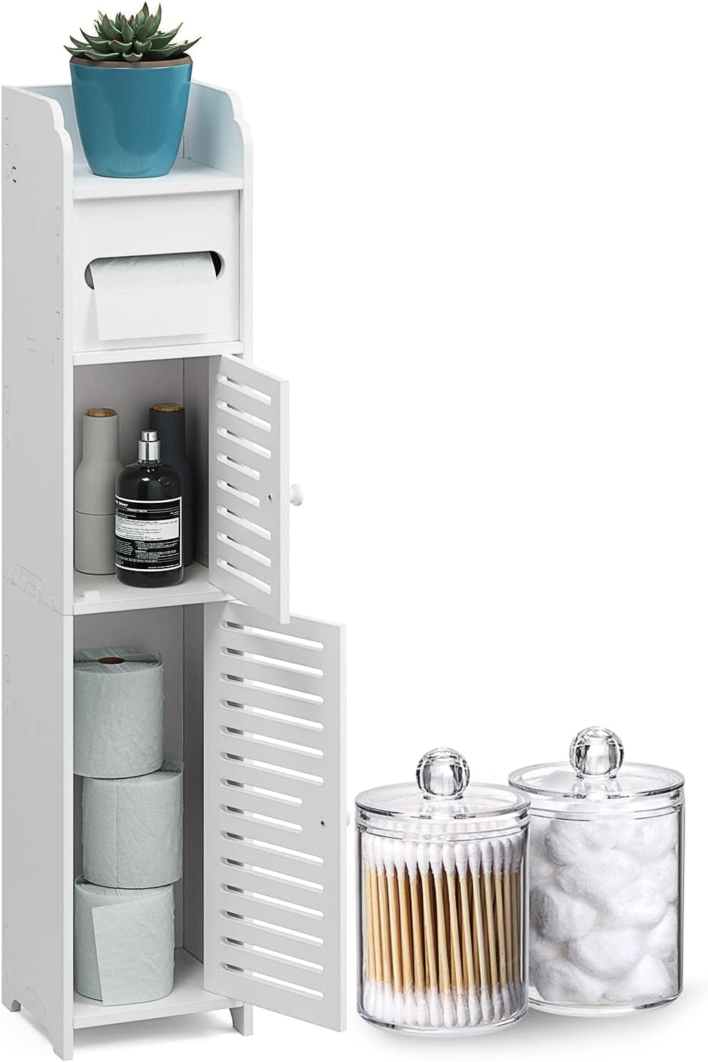 Storagebud Bathroom Storage Organizer - Floor Standing with Shelves - Includes 2 Apothecary Jars - Tall Bathroom Storage Cabinet for Toilet Paper, Towel & Other Bathroom Storage Accessories - White