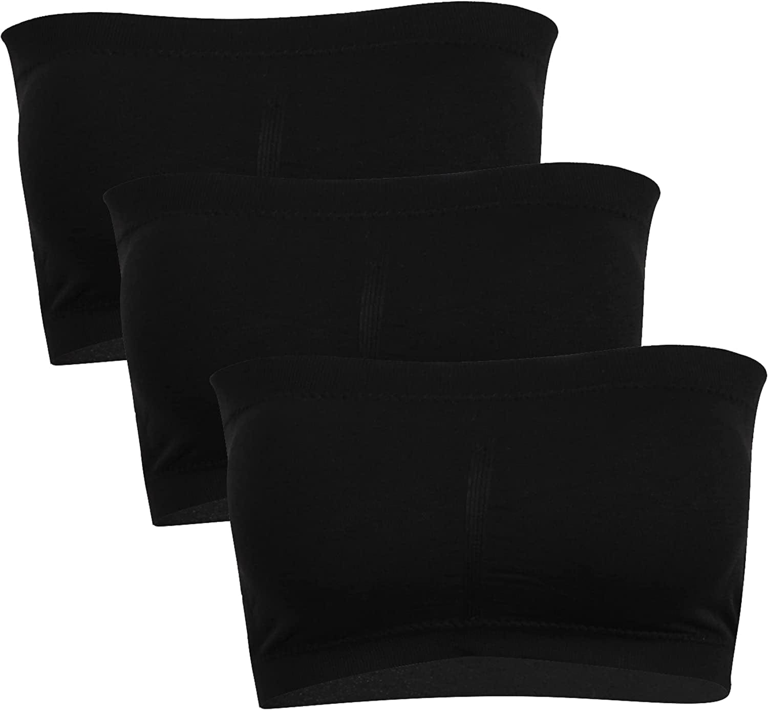 Strapless Bras for Women, Bandeau Bra Padded Tube Top Stretch Basic Color Soft Bralette for Leisure Time 3 Pack Black / Large