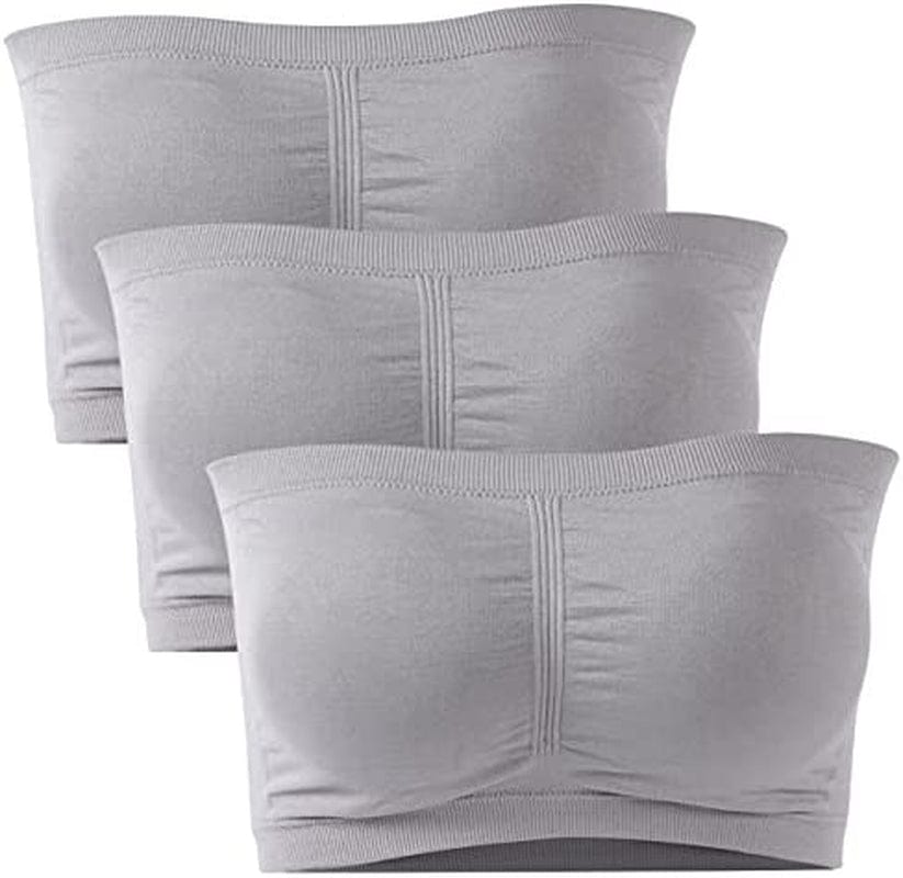 Strapless Bras for Women, Bandeau Bra Padded Tube Top Stretch Basic Color Soft Bralette for Leisure Time 3 Pack Grey / Large