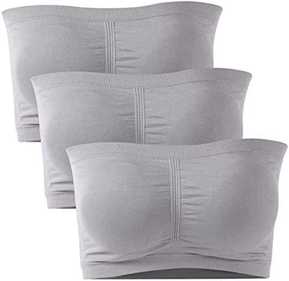 Strapless Bras for Women, Bandeau Bra Padded Tube Top Stretch Basic Color Soft Bralette for Leisure Time 3 Pack Grey / Large