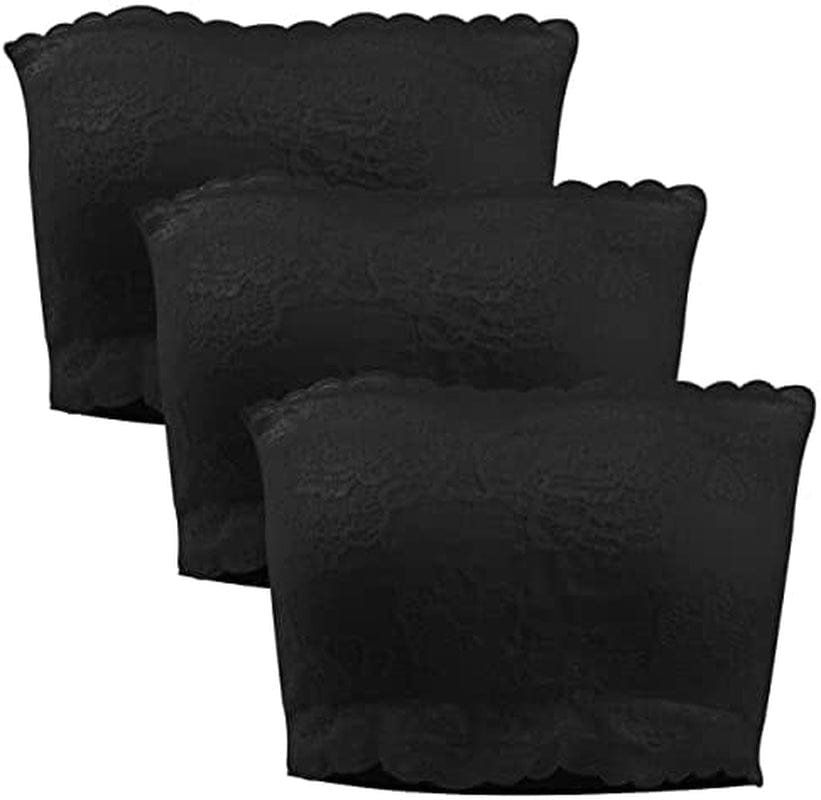 Strapless Bras for Women, Bandeau Bra Padded Tube Top Stretch Basic Color Soft Bralette for Leisure Time 3 Pack Black (Lace) / Medium