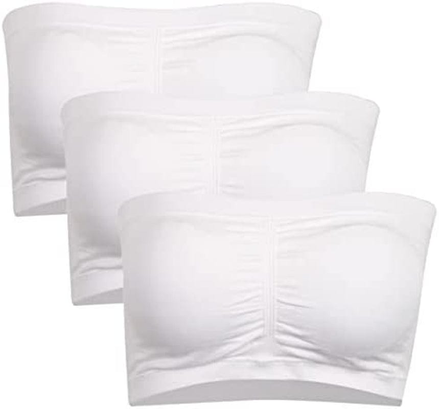 Strapless Bras for Women, Bandeau Bra Padded Tube Top Stretch Basic Color Soft Bralette for Leisure Time 3 Pack White / XX-Large