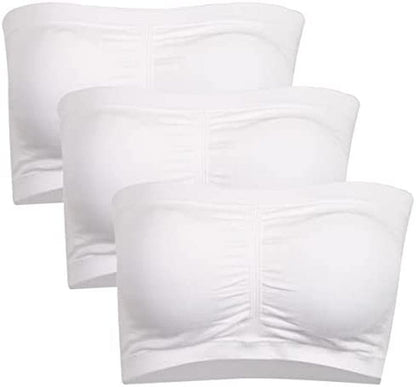 Strapless Bras for Women, Bandeau Bra Padded Tube Top Stretch Basic Color Soft Bralette for Leisure Time 3 Pack White / XX-Large