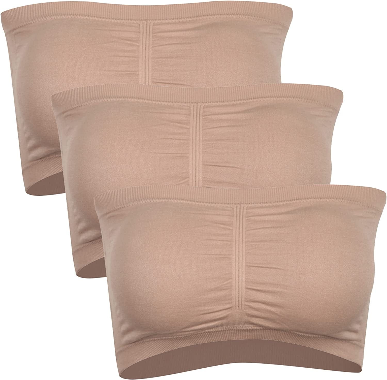 Strapless Bras for Women, Bandeau Bra Padded Tube Top Stretch Basic Color Soft Bralette for Leisure Time 3 Pack Beige / Small