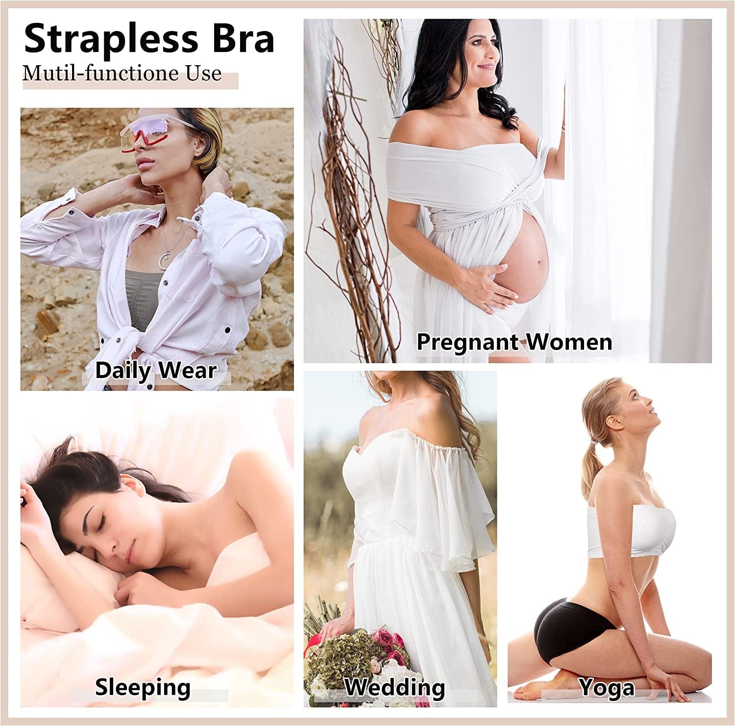 Strapless Bras for Women, Bandeau Bra Padded Tube Top Stretch Basic Color Soft Bralette for Leisure Time