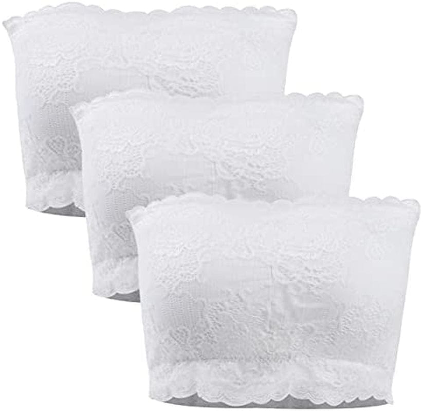Strapless Bras for Women, Bandeau Bra Padded Tube Top Stretch Basic Color Soft Bralette for Leisure Time 3 Pack White (Lace) / Medium