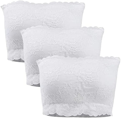 Strapless Bras for Women, Bandeau Bra Padded Tube Top Stretch Basic Color Soft Bralette for Leisure Time 3 Pack White (Lace) / Medium
