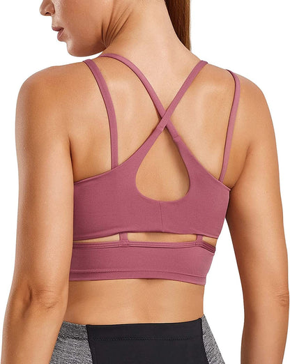 Strappy Longline Sports Bra for Women Crisscross Back Padded Medium Support Racerback Yoga Bra Crop Tank Tops Red / XX-Large