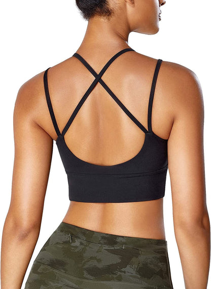 Strappy Longline Sports Bra for Women Crisscross Back Padded Medium Support Racerback Yoga Bra Crop Tank Tops Black Tops / XX-Large