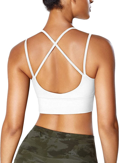 Strappy Longline Sports Bra for Women Crisscross Back Padded Medium Support Racerback Yoga Bra Crop Tank Tops White Tops / X-Large