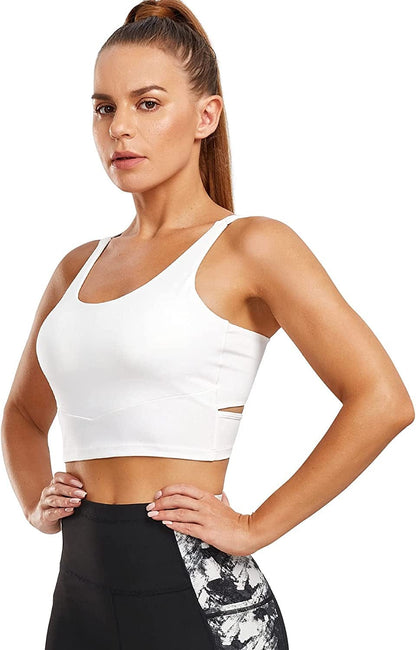 Strappy Longline Sports Bra for Women Crisscross Back Padded Medium Support Racerback Yoga Bra Crop Tank Tops