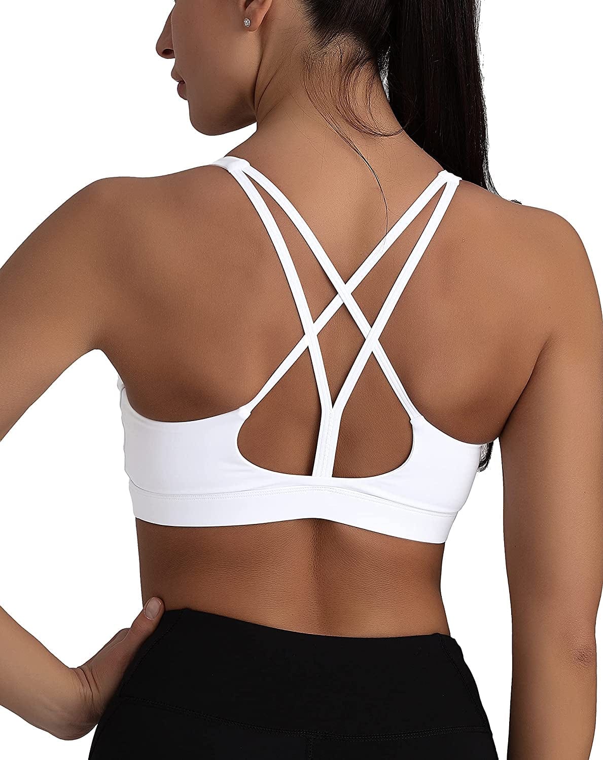 Strappy Sports Bra for Women Sexy Crisscross Back Light Support Yoga Bra with Removable Cups White-4 / XX-Large