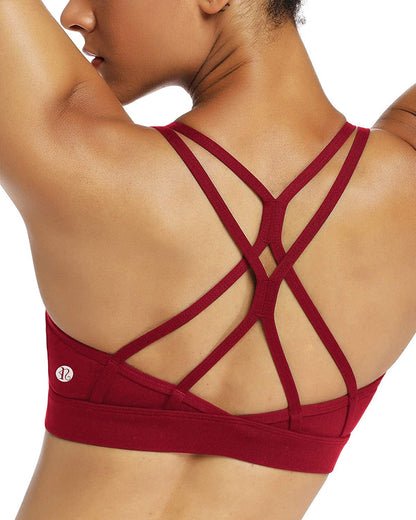 Strappy Sports Bra for Women Sexy Crisscross Back Light Support Yoga Bra with Removable Cups Wine Red / Small