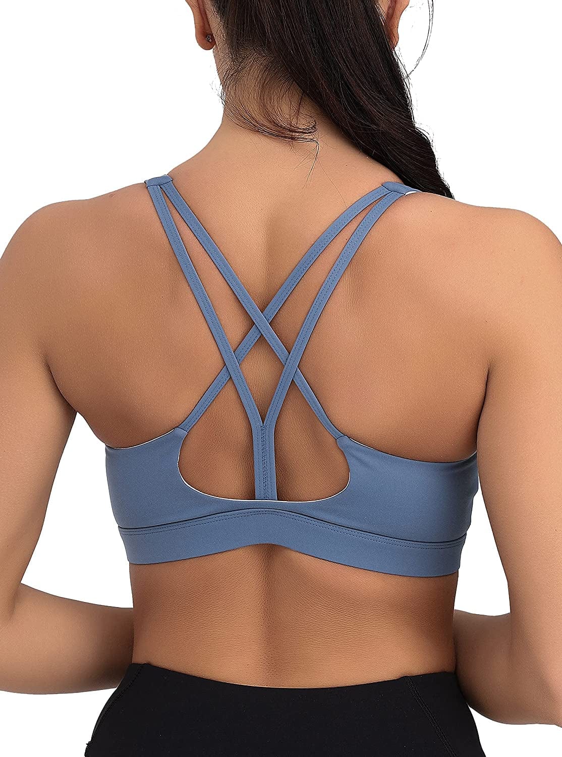Strappy Sports Bra for Women Sexy Crisscross Back Light Support Yoga Bra with Removable Cups Blue-4 / Large