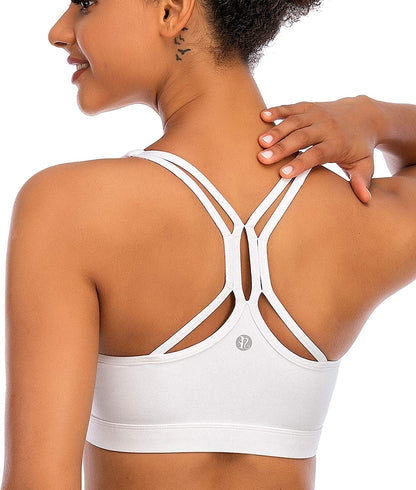 Strappy Sports Bra for Women Sexy Crisscross Back Light Support Yoga Bra with Removable Cups White-3 / Small