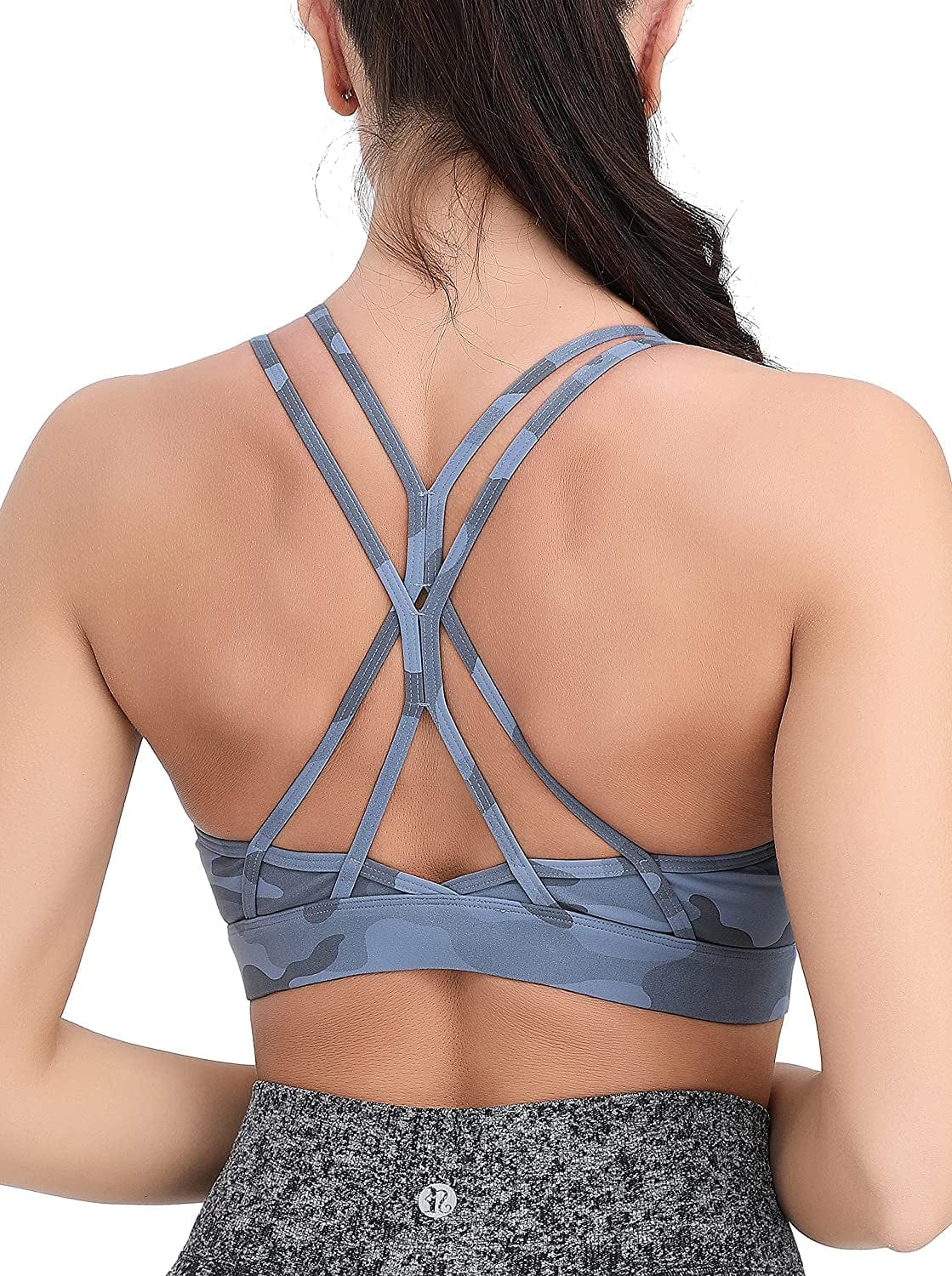 Strappy Sports Bra for Women Sexy Crisscross Back Light Support Yoga Bra with Removable Cups Camouflage Blue / Small