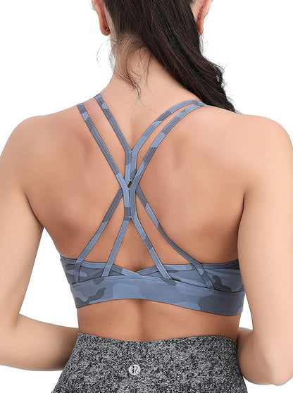 Strappy Sports Bra for Women Sexy Crisscross Back Light Support Yoga Bra with Removable Cups Camouflage Blue / Small