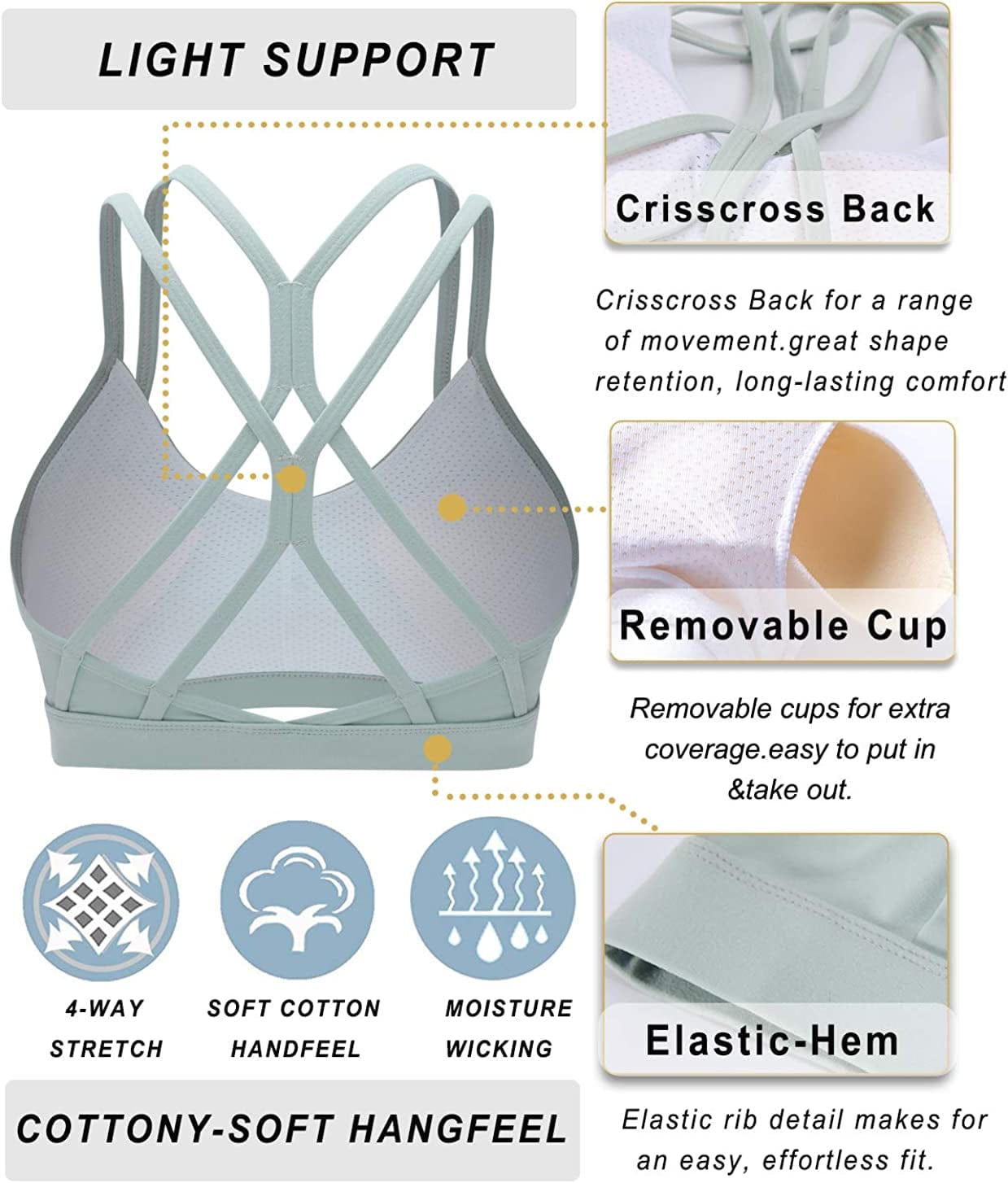 Strappy Sports Bra for Women Sexy Crisscross Back Light Support Yoga Bra with Removable Cups