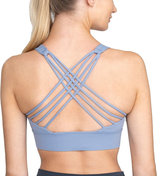 Strappy Sports Bra for Yoga, Running, Pilates, Fitness, HIIT Workouts & Cute Active Women Light Blue / 8