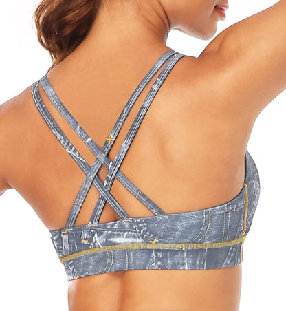 Strappy Sports Bras for Women Yoga Bra Medium Support Running Criss Cross Back Padded Compression Sports Bras D025-grey Denim Print Bra / X-Large