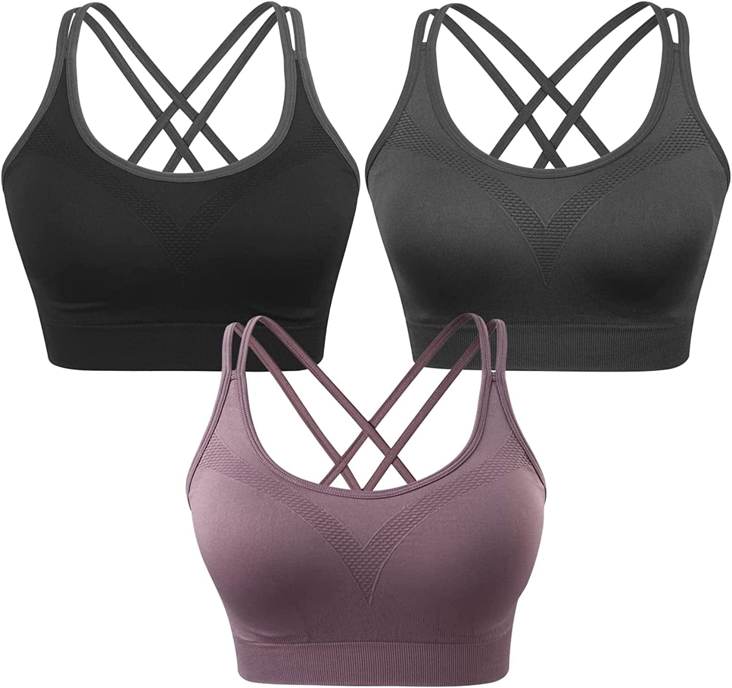Strappy Women'S Sports Bra Cross Back Tops for Running Fitness Removable Padded Workout Yoga Bras 3pack(black+gray+purple) / X-Large
