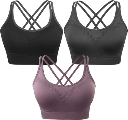 Strappy Women'S Sports Bra Cross Back Tops for Running Fitness Removable Padded Workout Yoga Bras 3pack(black+gray+purple) / X-Large