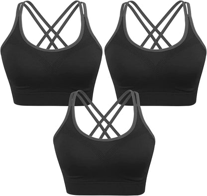 Strappy Women'S Sports Bra Cross Back Tops for Running Fitness Removable Padded Workout Yoga Bras 3pack(black+black+black) / X-Large