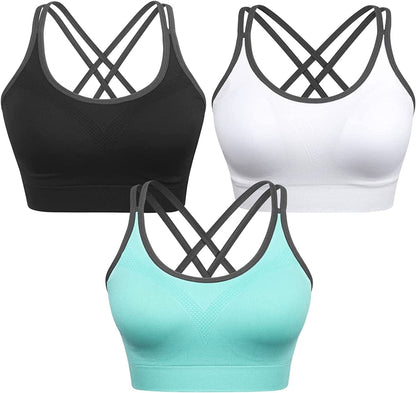 Strappy Women'S Sports Bra Cross Back Tops for Running Fitness Removable Padded Workout Yoga Bras 3pack(black+white+blue) / X-Large