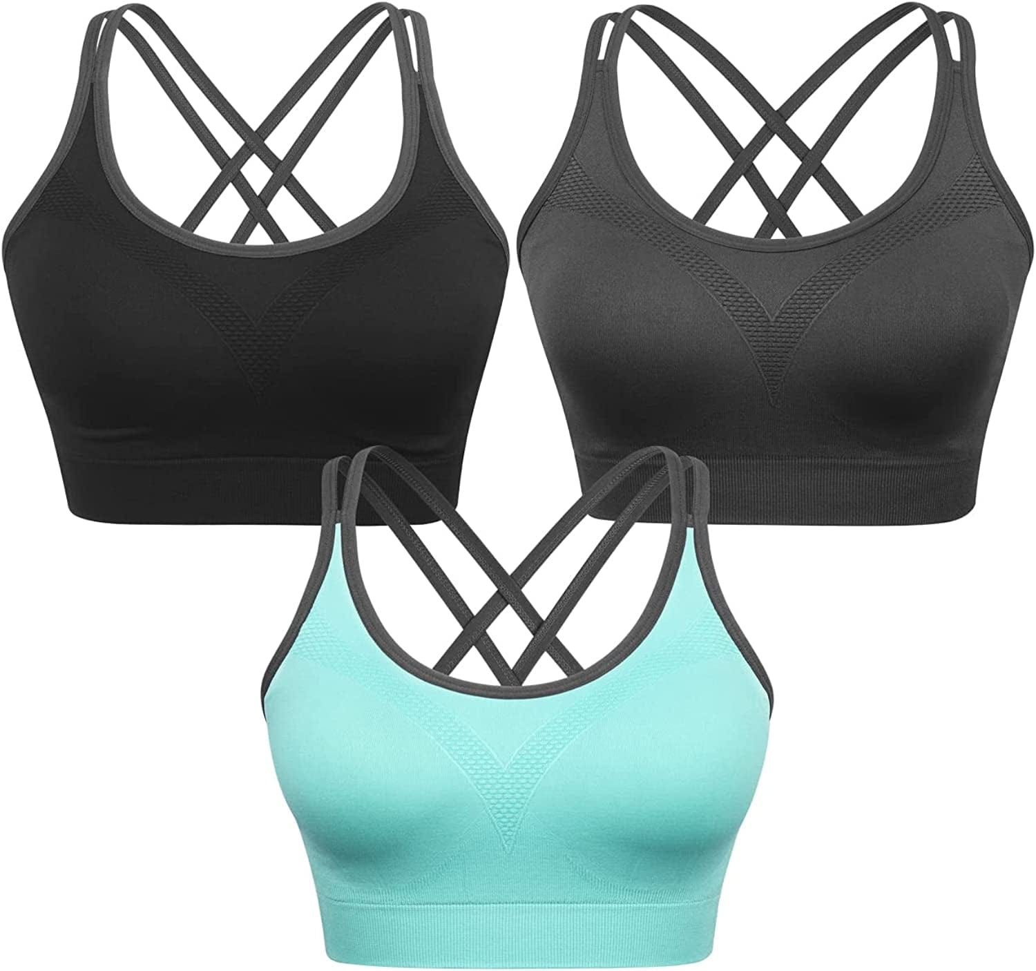 Strappy Women'S Sports Bra Cross Back Tops for Running Fitness Removable Padded Workout Yoga Bras A-3pack(black+gray+blue) / Medium