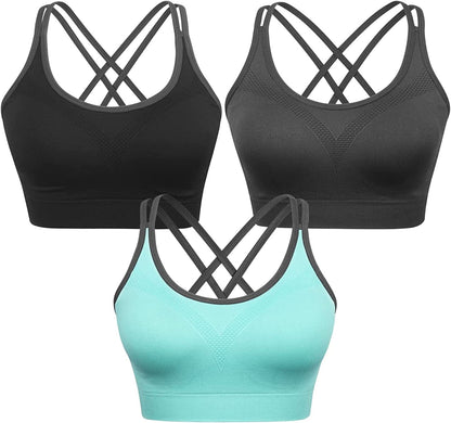 Strappy Women'S Sports Bra Cross Back Tops for Running Fitness Removable Padded Workout Yoga Bras A-3pack(black+gray+blue) / Medium