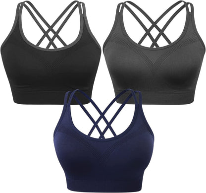Strappy Women'S Sports Bra Cross Back Tops for Running Fitness Removable Padded Workout Yoga Bras 3pack(black+gray+navy) / Medium