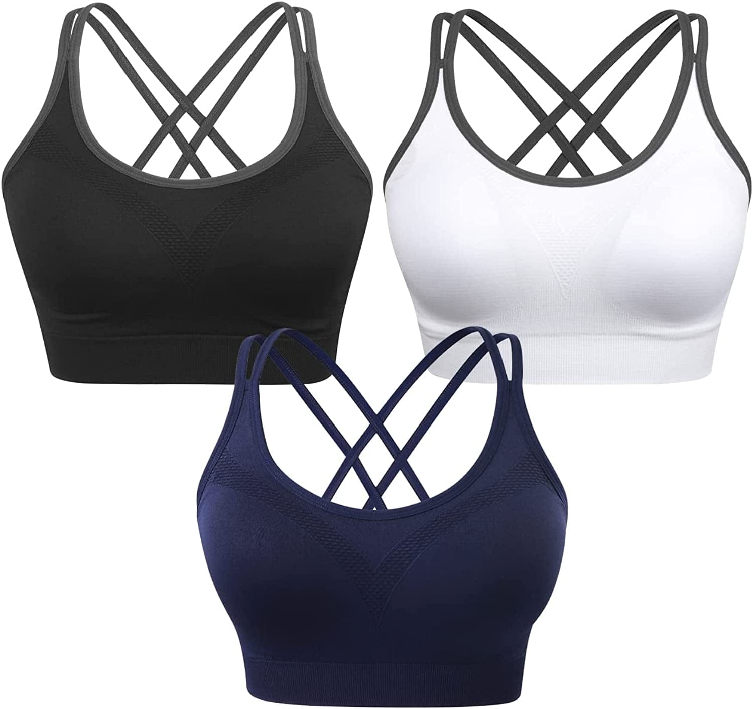 Strappy Women'S Sports Bra Cross Back Tops for Running Fitness Removable Padded Workout Yoga Bras 3pack(black+white+navy) / Medium