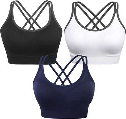 Strappy Women'S Sports Bra Cross Back Tops for Running Fitness Removable Padded Workout Yoga Bras 3pack(black+white+navy) / Medium