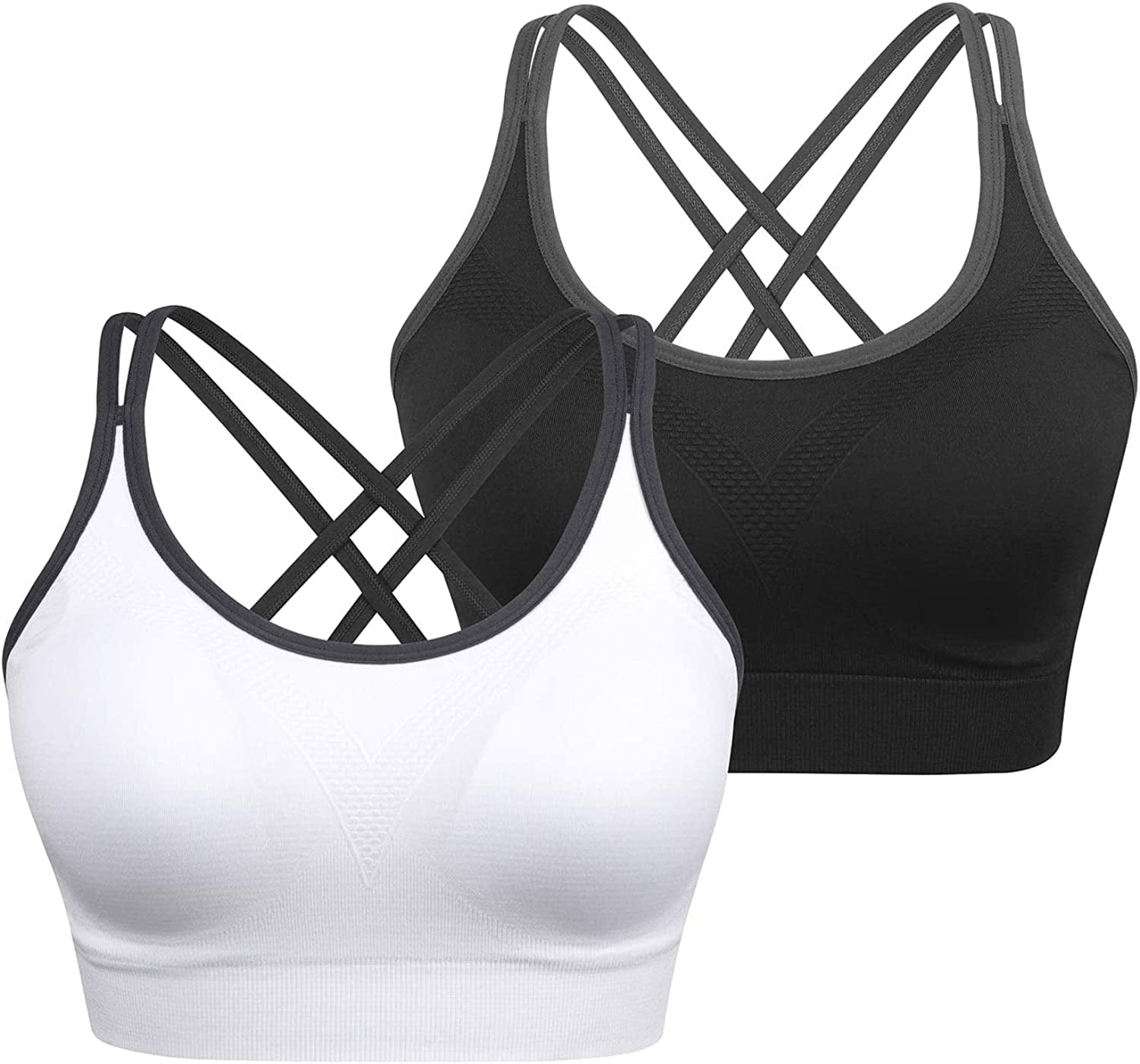 Strappy Women'S Sports Bra Cross Back Tops for Running Fitness Removable Padded Workout Yoga Bras 2pack(black+white) / Medium