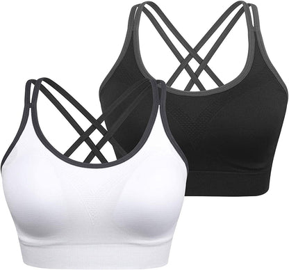 Strappy Women'S Sports Bra Cross Back Tops for Running Fitness Removable Padded Workout Yoga Bras 2pack(black+white) / Medium