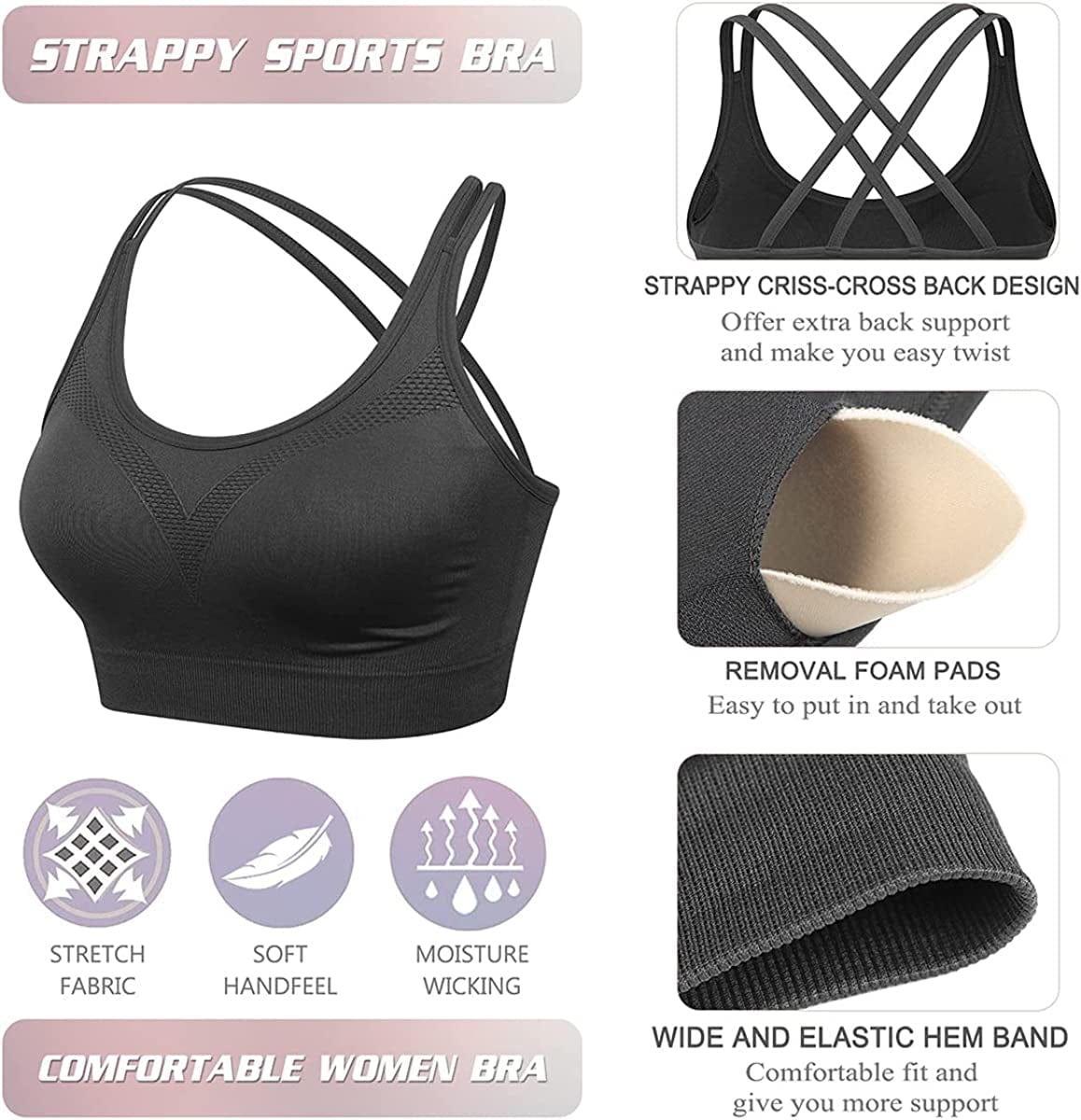 Strappy Women'S Sports Bra Cross Back Tops for Running Fitness Removable Padded Workout Yoga Bras