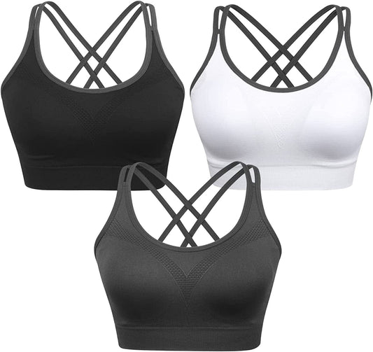 Strappy Women'S Sports Bra Cross Back Tops for Running Fitness Removable Padded Workout Yoga Bras 3pack(black+white+gray) / Medium