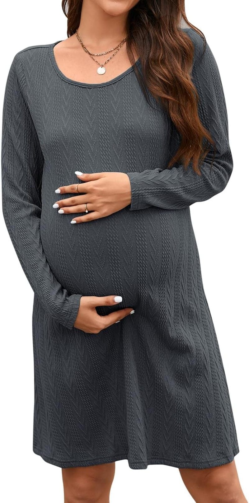 STYLEWORD Women'S 2023 Fall Maternity Sweater Dresses Photoshoot Long Sleeve Pullover Knit Casual Fashion Clothes Dark Gray / Small