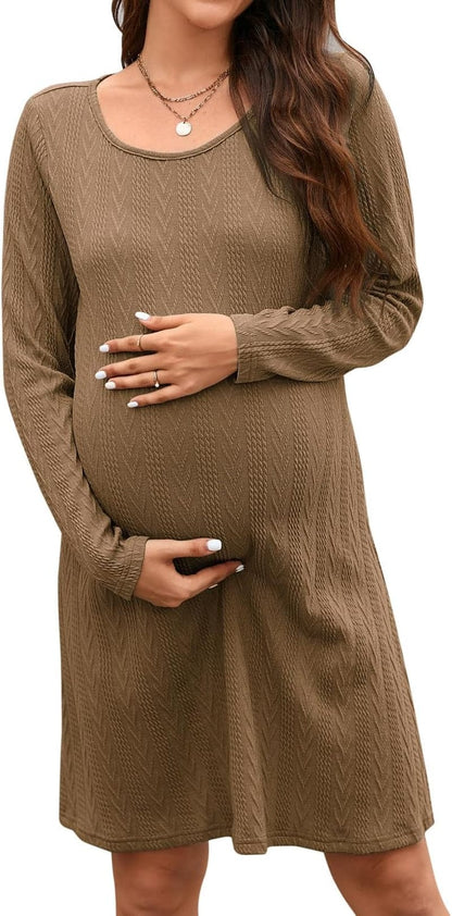 STYLEWORD Women'S 2023 Fall Maternity Sweater Dresses Photoshoot Long Sleeve Pullover Knit Casual Fashion Clothes Brown / Medium
