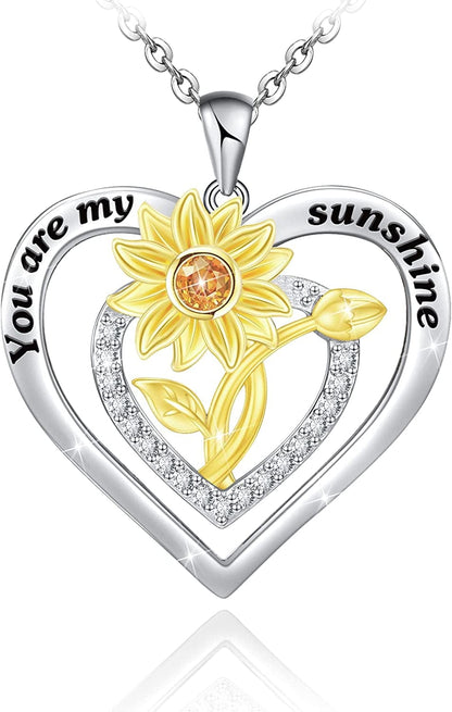 Sunflower Necklace for Women S925 Sterling Silver Heart Necklace Jewelry,You Are My Sunshine Pendant Necklaces Jewelry Gifts for Women Girls Mom Wife Two Sunflower Necklace