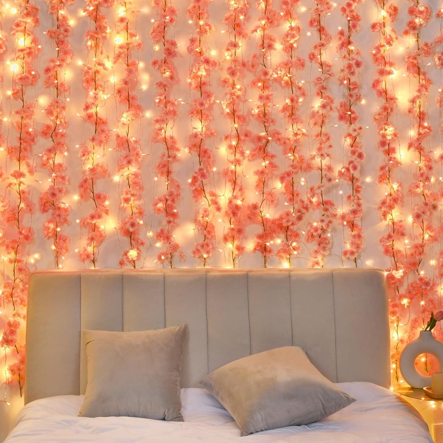 Sunm Boutique Cherry Blossom Garland 4-Pack 23.6 Ft Cherry Blossom Hanging Vine with 32.8 Ft Long 80 LED String Lights Silk Sakura Vines Garland for Wedding Party Decor, Pink