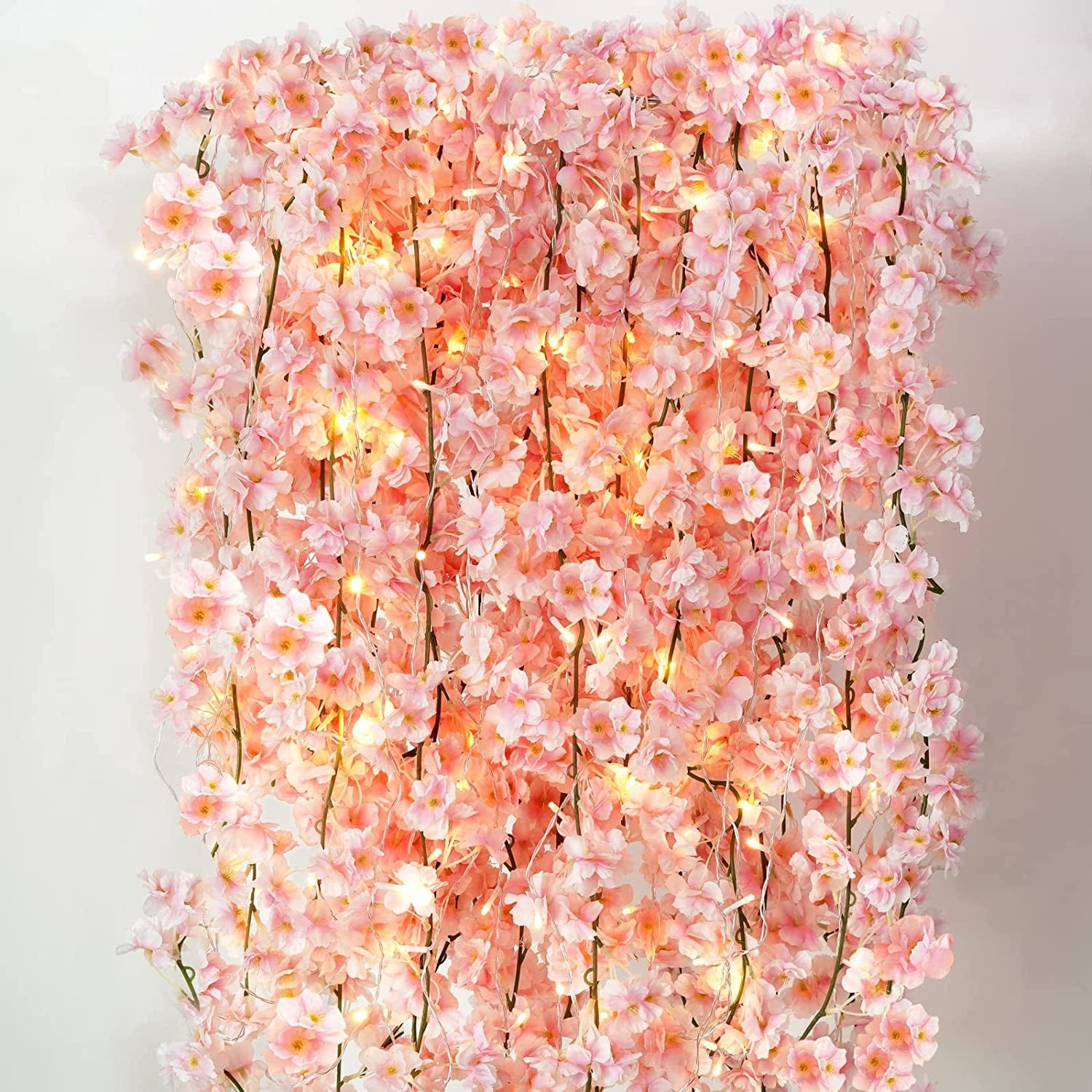 Sunm Boutique Cherry Blossom Garland 4-Pack 23.6 Ft Cherry Blossom Hanging Vine with 32.8 Ft Long 80 LED String Lights Silk Sakura Vines Garland for Wedding Party Decor, Pink